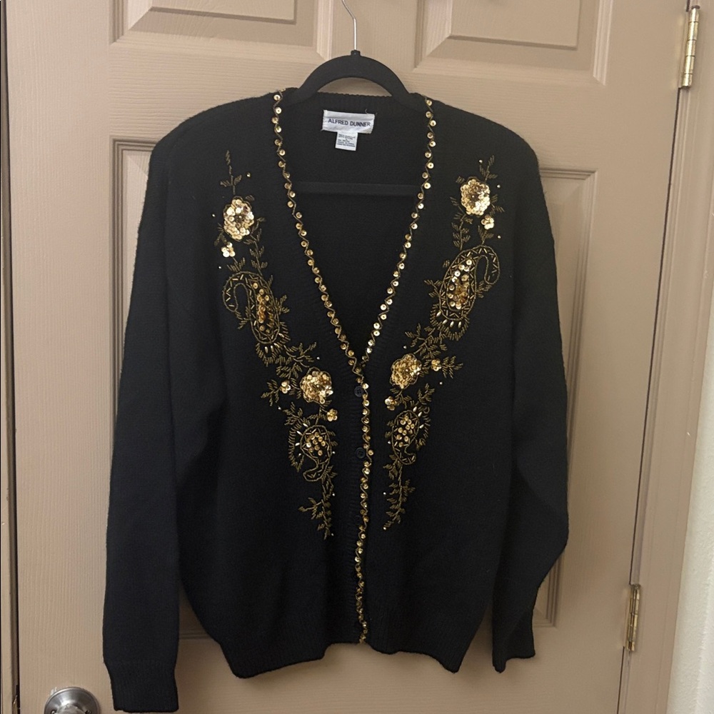 Vintage Alfred Dunner Beaded Black Cardigan with Gold Floral Embellishments
